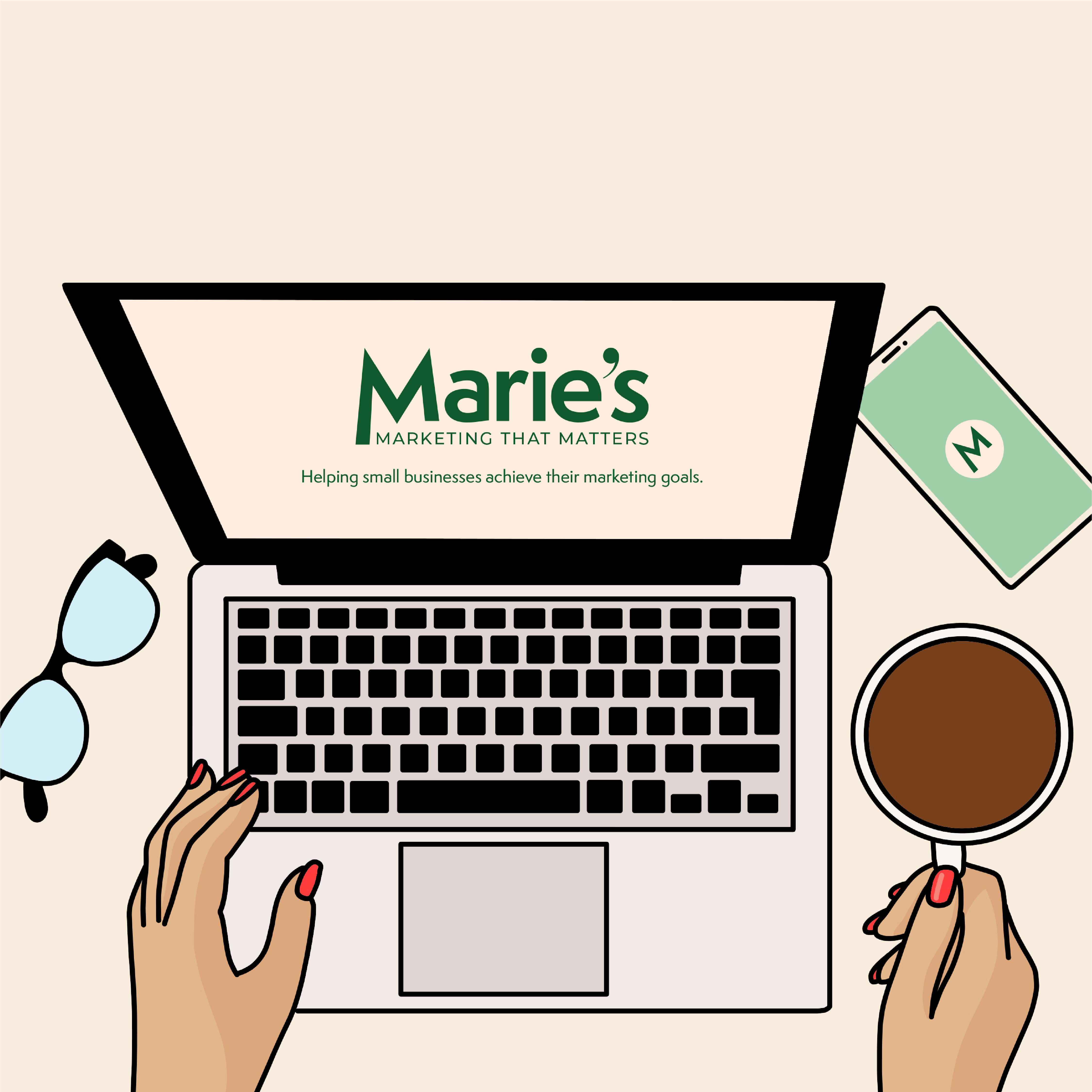 Marie's Marketing That Matters Laptop & Coffee Graphic